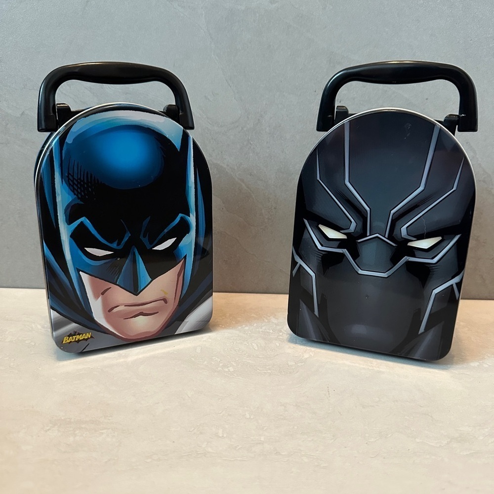 Set Of DC Comics Batman Marvel Black Panther Mini Tin Containers with Handle